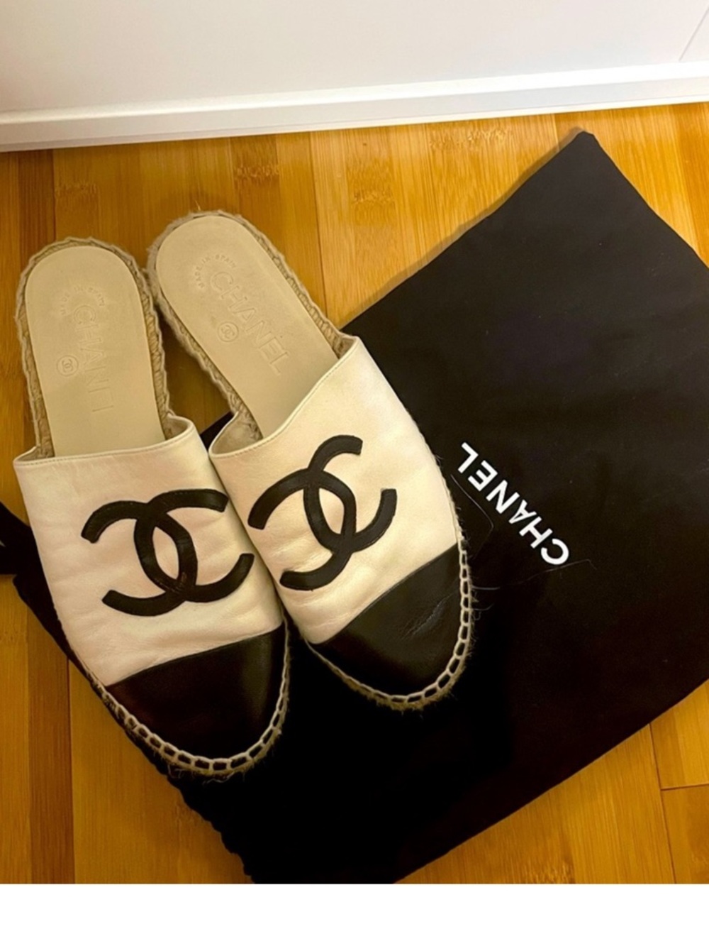 CHANEL Black & White Espadrille Slide Mules with CC Logo